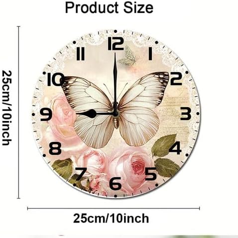 Butterfly Rose Flower Wooden Silent Non-Ticking 10 Inch Round Clocks Battery Operated Analog for Living Room Kitchen Bedroom Bathroom Office Home School Decor