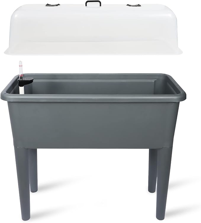 Dexceder 13.2 Gallon Self Watering Raised Garden Bed (Deep Gray) | Ventilation Transparent Lid Greenhouse, Deepen Vegetable Flower Box Planter Pot with Removeble Legs & Water Level Indicator