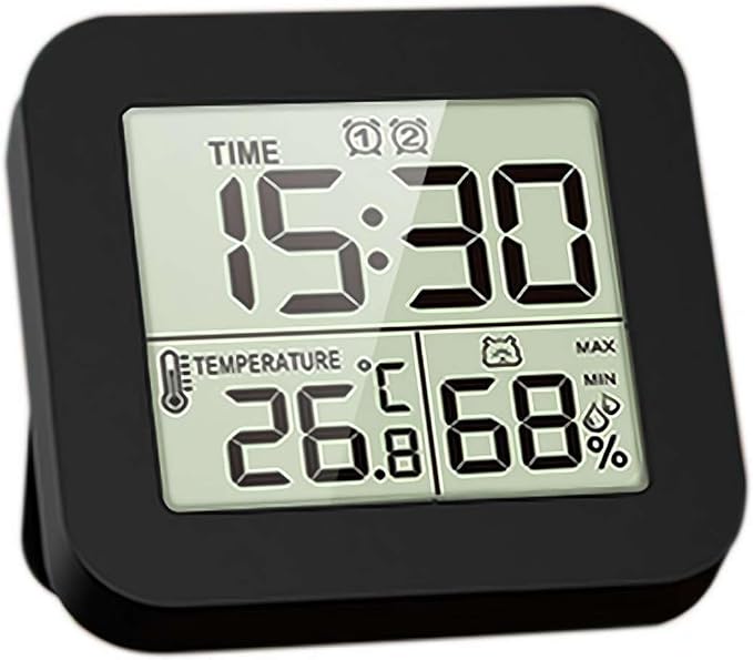Waterproof Shower Clock, Digital Shower Timer Bathroom Clock with Alarm, LCD Screen Thermometer Hygrometer Clock Bathroom, Kitchen, Toilet