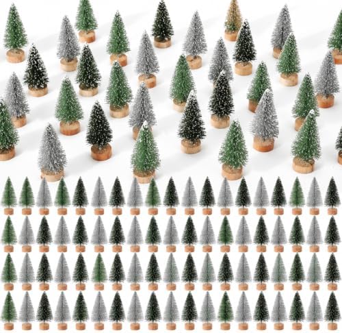 Sumind 144 Pcs Mini Bottle Brush Trees Small Christmas Trees, Green, Silver by Sumind