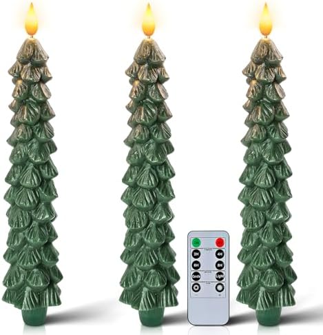 Homemory 3 Pcs Christmas Tree Candles with Remote, Waxy Flameless Taper Candles Flickering, Green LED Candlesticks Battery Operated for New Year Celebration Holiday Decorations 9.7 Inches by Homemory