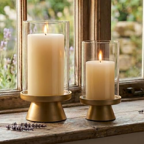 Set of 2 Large Gold Hurricane Glass Candle Holders for 4&3" Pillar Candles - Image 6