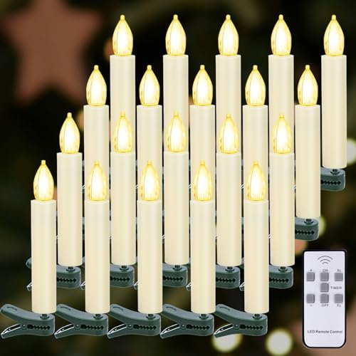 LED Christmas Candles, Flickering Clip on Candles for Christmas Tree, Battery Operated with Remote Timer, Warm White Light, Flameless Taper Candle for Home Christmas Decor, Set of 20 by Unknown