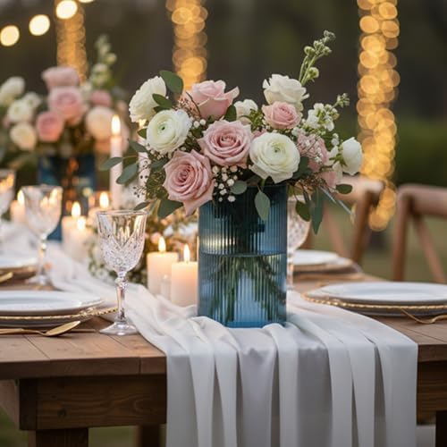 Glass Cylinder Vase 6 Inch Tall- Blue Ribbed Decor for Wedding Centerpieces - Image 2