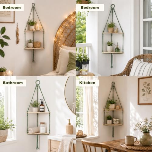 Artilady Corner Shelf Macrame Wall Hanging, Adjust Boho Storage Art, 2 Tier - Image 4