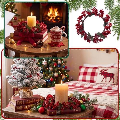 Daifunli 2 Pcs Christmas Red Berry Candle Ring Artificial Winter Red Berry Wreaths Candle-Ring for Pillar 4.25 Inch Candles Holder for Winter Christmas Country Wedding Kitchen Table Centerpiece Decor - Image 6
