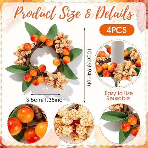 4 PCS Fall Taper Candle Rings Wreaths 1.38" Mini Thanksgiving Taper Candle Holder Wreaths with Berries Leaves Autumn Harvest Table Centerpieces Wreath for Wedding Farmhouse Home Candlesticks Decor - Image 3