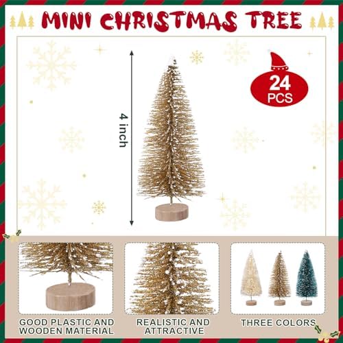 24 Pcs 4 Inch Mini Christmas Tree Bottle Brush Trees Artificial Frosted Sisal Christmas Tree with Wood Base for Christmas Decoration and Display Home Tabletop (Gold, Cyan, Beige) - Image 2