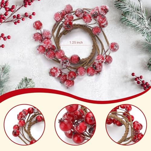 Daifunli 2 Pcs Christmas Frosted Red Berry Candle Ring Artificial Berry Wreaths for Pillar 1.25 Inch Candles Holder for Winter Christmas Country Wedding Kitchen Table Centerpiece Decor - Image 2