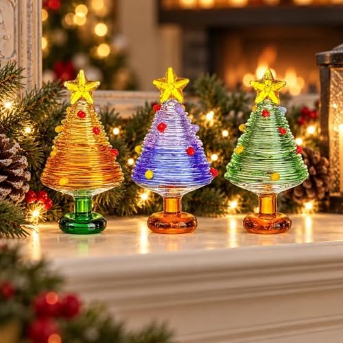 3 Pcs 3 Inch Blown Glass Christmas Tree Figurines Tabletop Decor by HDHYALINEDORA