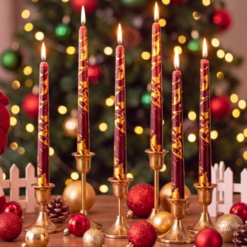 Conelist 10 Pcs Burgundy and Gold Taper Candles Candlesticks 9.8" by Conelist