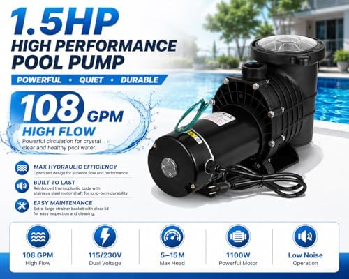 SmarketBuy 1.5HP Swimming Pool Pump, Dual Voltage 115/230V High Flow Pool Pump, 108 GPM In/Above Ground Pool Pumps with Large Strainer Basket, 7 Pcs Connectors