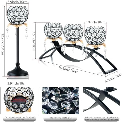 Set of 3 Crystal Tea Light Candlestick Holders Flower Shape with Crystal Pendant Bowl Votive Metal Candle Holder for Table Centerpieces Wedding Home Decor (Black+Gold) - Image 6