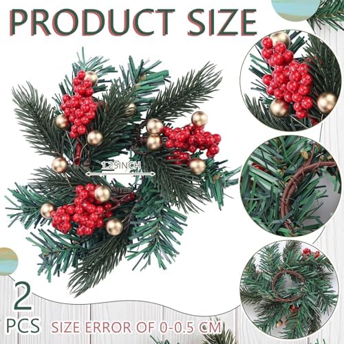 Daifunli 2 Pcs Christmas Gold Ball Red Berry Pine Needle Candle Ring Artificial Berry Bell Wreaths for Pillar 1.25 Inch Candle Holder for Winter Christmas Country Wedding Table Centerpiece Decor - Image 2
