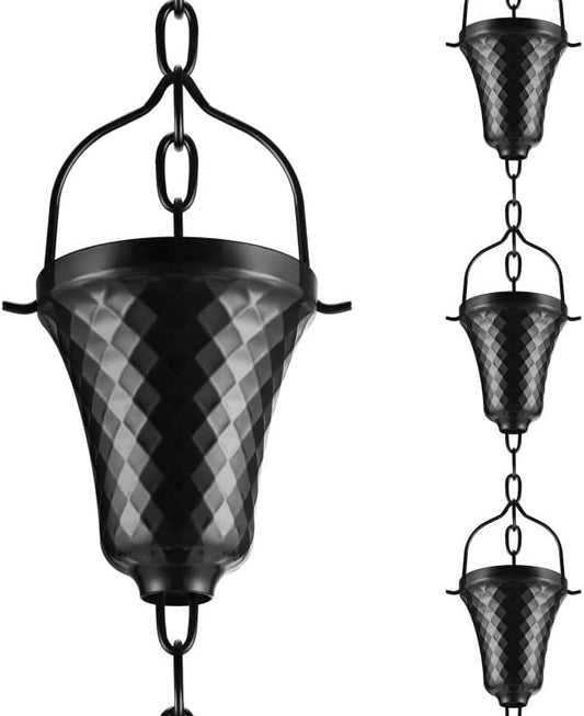 Rain Chains for Gutters Outside Black Powder Coated Downspouts Rain Catcher Diverter Metal Outdoor Decorative, 8.5 FT