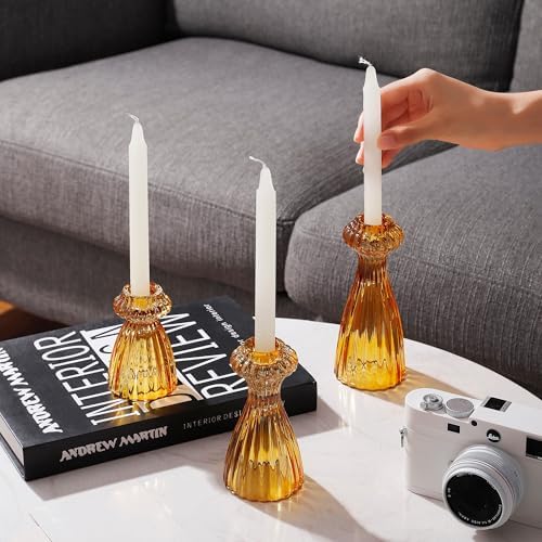 Lysenn Glass Candlestick Holders, Taper Candle Holders Set of 3, Amber by Lysenn