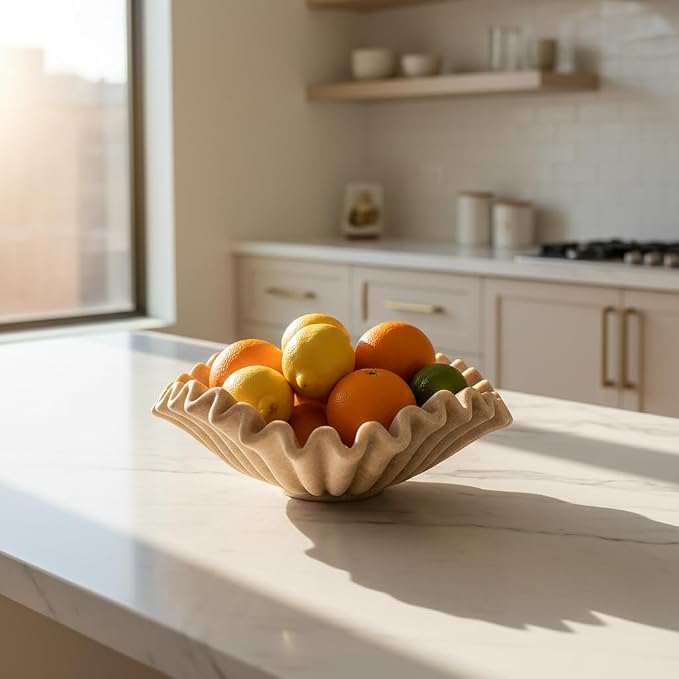 Large Decorative Handmade Bowl Decor , Modern Home Decoration, Fan Shaped Bowl, Ruffle Decor, Stylish Key Bowl for Entry Table, Decorative Fruit Bowl for Kitchen Counter, Artificial Stone Beige