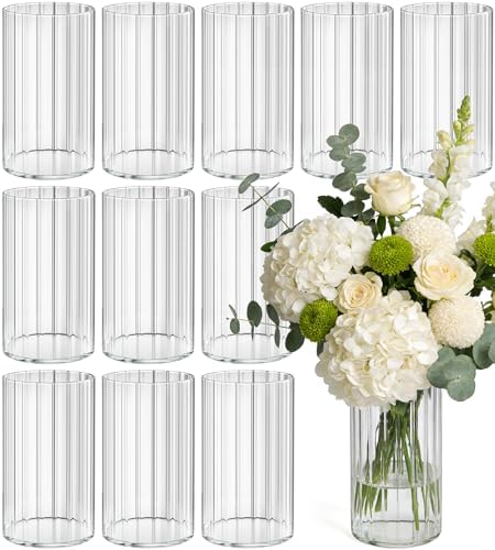 12pcs Stripe Glass Cylinder Vases for Centerpieces, 6 Inch Tall Flower Vase for Wedding Decorations, Hurricane Vases Floating Candle Holder for Table Centerpiece Wedding Home Décor by Unknown