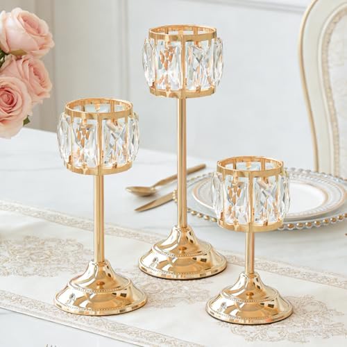 Set of 3 Metal Crystal Candle Holders, 11/9/7 Inch Elegant Tealight Candelabra Centerpiece for Wedding Table Decor, Tiered Home Party Decoration (3, Gold-11+9"+7") by KOLNLALA