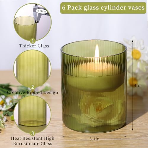 6 Green Ribbed Cylinder Glass Vases for Wedding Centerpieces & Table Decor - Image 5