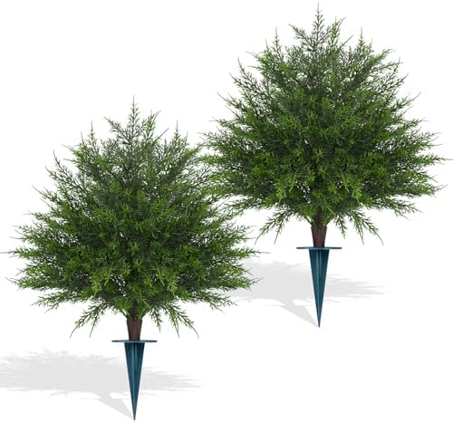 2 Pack 23" Artificial Cedar Topiary Ball Trees with Ground Spike by LivingGreenEveryDayShine