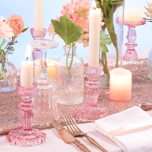 Pink Candlestick Holders Set of 6, Glass Taper Candle Holders - Image 5
