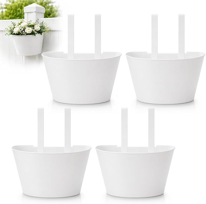 4 Pack White Metal Fence Post Planter for 4x4 & 5x5 PVC Vinyl Fence, No-Drill Hanging Flower Pots for Outdoor Plants, Flush Fit Planters with Drainage for Garden Yard Outdoor Decor