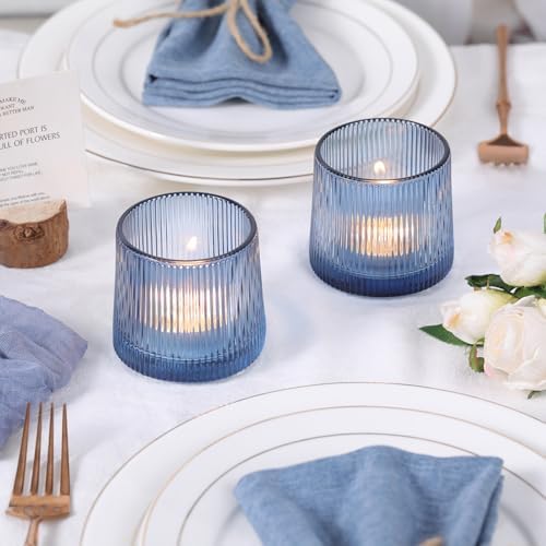 DARJEN Blue Ribbed Tealight Votive Candle Holders- 6Pack - Image 4