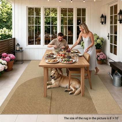 Easy Jute Rug 8x10 Outdoor: Natural Area Rugs for Patio Linen-Look Durable - Neutral Large Washable Carpet for Living Room Bedroom Dining Room Non-Slip - Geometric Arch Pattern