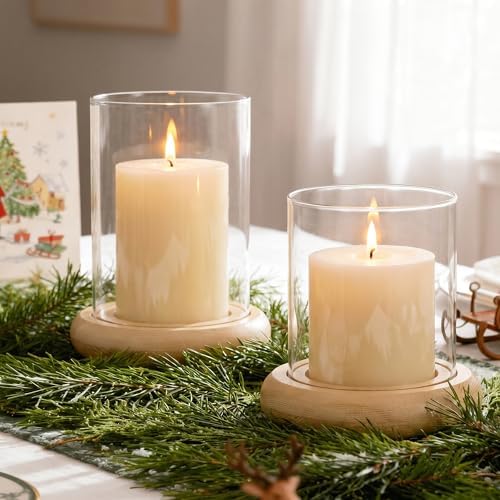 Set of 2 Hurricane Glass Candle Holders with Natural Brown Wood Base Decorative Candle Lantern, Farmhouse Rustic Boho Table Centerpieces Decor for Living Room, Outdoor Home Decor - Image 5