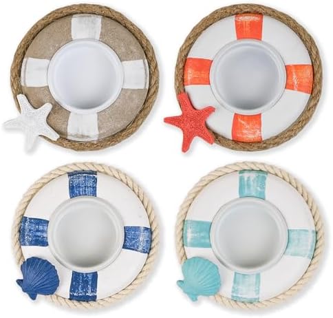 SAILINGSTORY Wooden Life Ring Tealight Candle Holder Nautical Coastal Beach Decor Votive Candle Holder Set of 4 Pack - Image 2