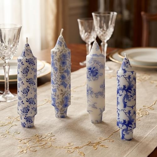 NJAO HOO Floral Taper Candles 5 Inch Short Candlesticks Hand Printed Blue and White Candlesticks Unscented Tapered Candle Set for Spring Home Garden Decor, 4Pcs Mix - Image 5
