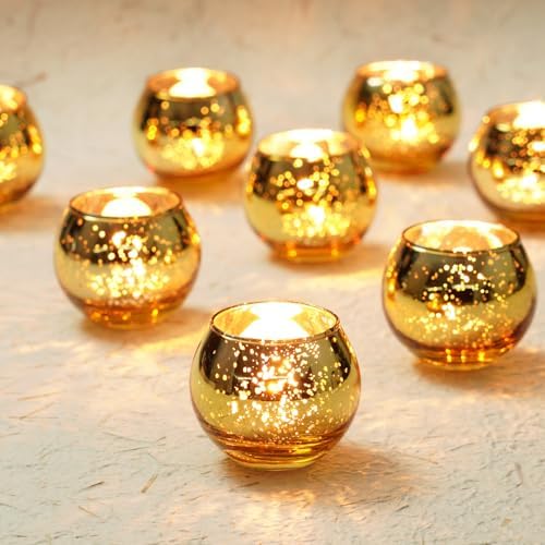 Homemory 24 Pcs Gold Votive Candle Holders, Round Mercury Glass Candle Holder, Tealight Candle Holders for Table Centerpieces, Baby Shower,Anniversary, Wedding, Home Decor, Halloween, Christmas by Homemory