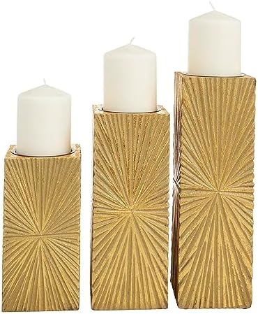 CosmoLiving by Cosmopolitan Wood Geometric Carved Pillar Candle Holder, Set of 3 12", 10", 8"H, Gold - Image 3