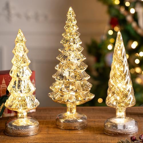 3 Pcs Mercury Glass Christmas Tree Tabletop Christmas Tree with Light,12 in Silver GlassTrees Figurines with LED Lights Figurine for Mantel Centerpieces,Christmas Glass Tree Ornaments (Gold) by Unknown
