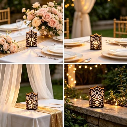 Hosley Set of 3 Black Metal Candle Holders 4 Inch High - Lattice Cut Lanterns for Table Centerpiece, Wedding, Home Decor, Indoor Outdoor - Image 3