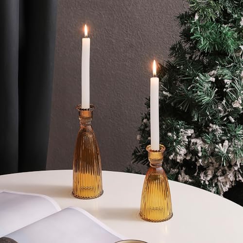 Vertical Stripe Candlestick Holders Set of 3, Premium Glass Candle Holders for Candlesticks and Taper Candles, Vintage Candle Holder Decor for Table Centerpiece, Amber - Image 5