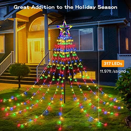 Outdoor Christmas Decorations 317 LEDs Christmas Lights with 9 Strands 11.9ft Waterfall Christmas Tree Lights, 8 Modes, Waterproof, Topper Star & Timer for Yard Patio Xmas Décor, Multicolor - Image 2
