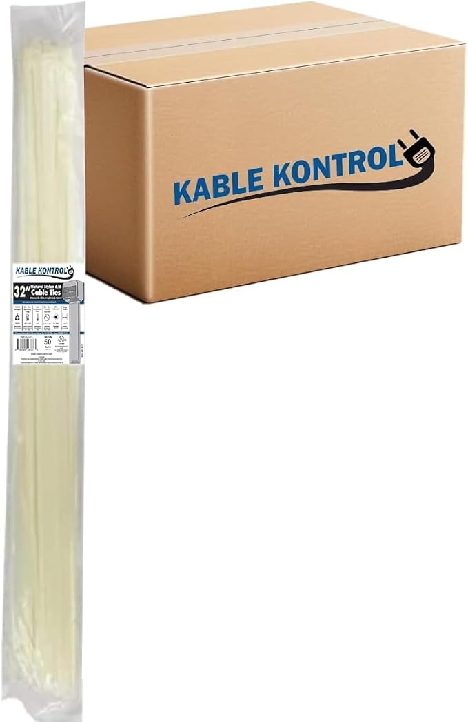 Kable Kontrol Cable Zip Ties Natural White 500 Pcs 32 Inch, 175 Lbs Tensile Strength, Bulk Pack, Self-locking Natural Nylon Clear Plastic Wire Ties wraps for Indoor or Outdoor Use