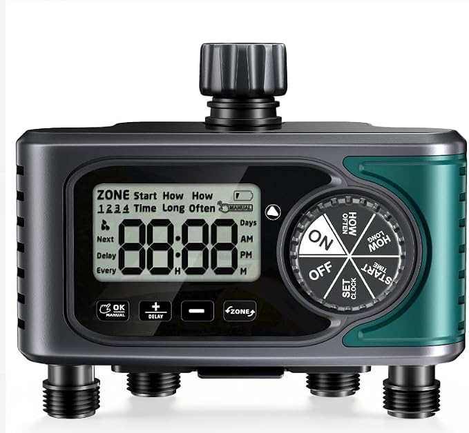 Sprinkler Timer for Outdoor Hose Faucet 4 Zone, Programmable Hose Timer with Rain Delay/Manual/Automatic Watering System, Water Timers for Garden Hose, Digital Drip Irrigation for Yard Lawn Outdoor
