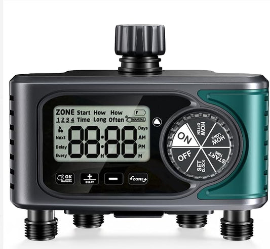 Sprinkler Timer for Outdoor Hose Faucet 4 Zone, Programmable Hose Timer with Rain Delay/Manual/Automatic Watering System, Water Timers for Garden Hose, Digital Drip Irrigation for Yard Lawn Outdoor
