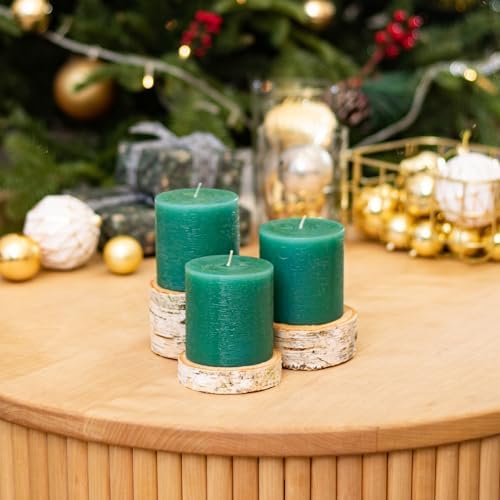 CANDWAX 3x3 Inch Green Pillar Candles Set of 3 - Rustic Unscented No Drip Green Candles for Weddings, Centerpieces, Home Décor, Christmas Decorations - Image 5