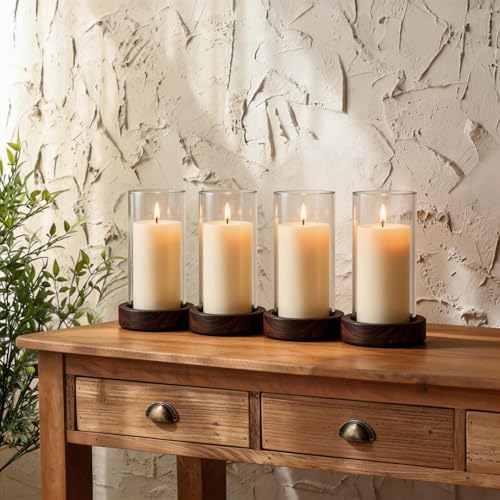 Ronasip Set of 4 Hurricane Candle Holders - 4.6x7.8 Inch Rustic Wooden Base with Glass Cylinder, Brown Pillar Candle Holders for Wedding Centerpieces, Home Decor, Table & Mantel Decorations - Image 2