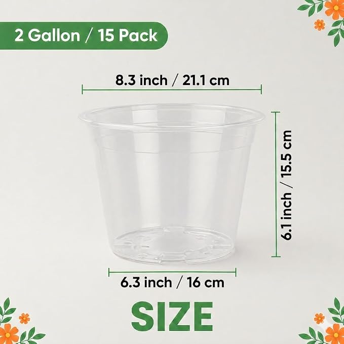 2 Gallon Clear Nursery Pots 15 Pack, 8 Inch Large Plastic Plant Pots with Drainage Holes, Transparent Planters for Root Monitoring, Seedlings, Vegetables, Flower, Indoor Outdoor