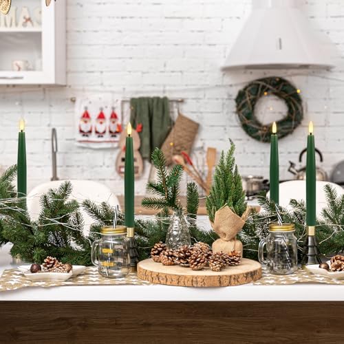 GenSwin Flameless Taper Candles with Remote Timer, Real Wax LED Flickering Candlesticks Battery Operated 3D Wick for Wedding, Party, Home(Christmas Green, 9.84", Set of 3) - Image 3