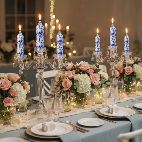 5 Inch Blue and White Tapered Candles Short Floral Candlesticks Hand Poured Unscented Smokeless Porcelain Candles for Dining Everyday Meals Family Dinner Elegance Blue White Porcelain Style - Image 5