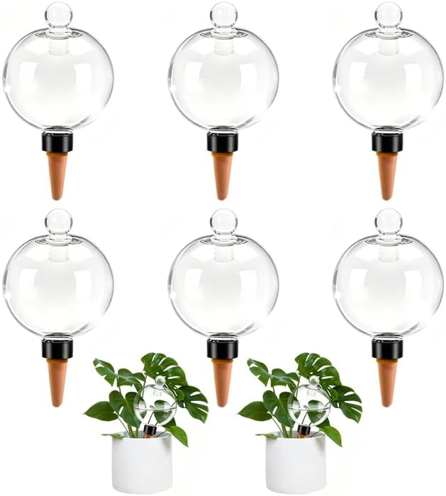 6pcs Plant Self Watering Globes with Covers, Plastic Water Bulbs Top Fill, Plant Watering Devices System Slow Release Terracotta, Water Spikes Stakes for Indoor (6)
