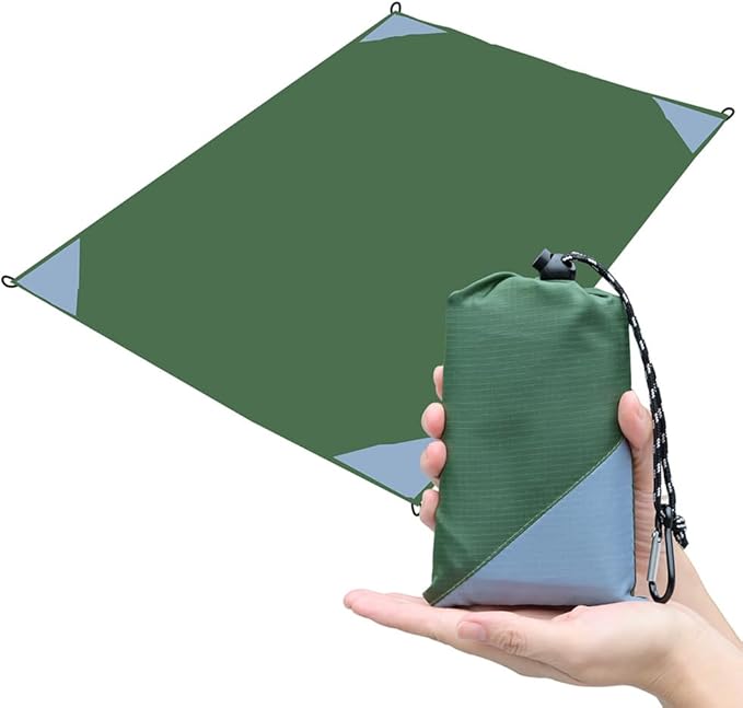 Orga'Neat Pocket Picnic Blanket, Beach Mat Waterproof Sandproof, Compact Lightweight Small Tarp for Camping, Hiking, Backpacking, Festival, Travel, Foldable in Bags (Army Green/Grey, 55"x79")
