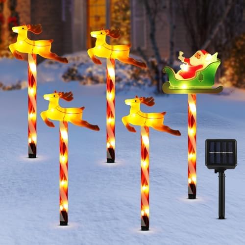 Lewondr 5 Pack Solar Christmas Pathway Lights Outdoor with 2 Lighting Modes by Lewondr