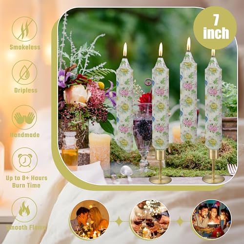 7 inch Short Candle Floral Candle Sticks Printed Candlestick Handmade Unscented Taper Candle 4 pcs Blue Flower Tapered Candles for Home Dinner Wedding Holiday - Image 3